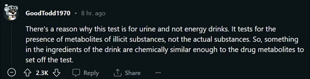 Reddit users on Celsius showing up on a drug test