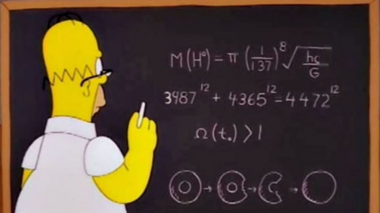 Homer Simpson writing Higgs Boson equation