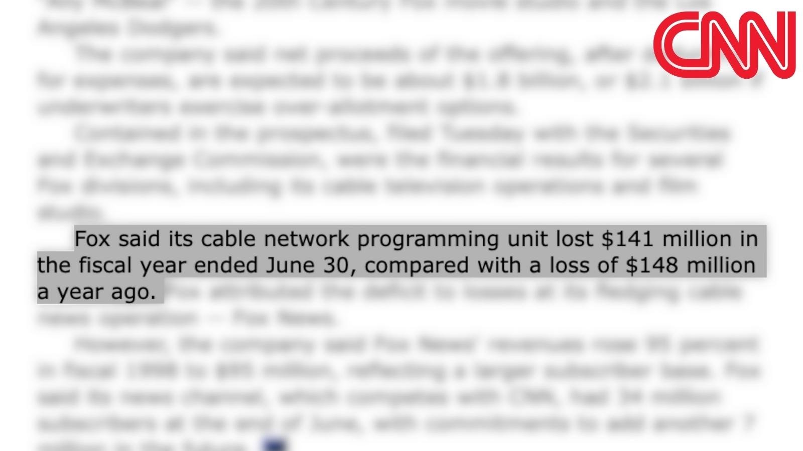 Report of Fox Cable network loss in 1998