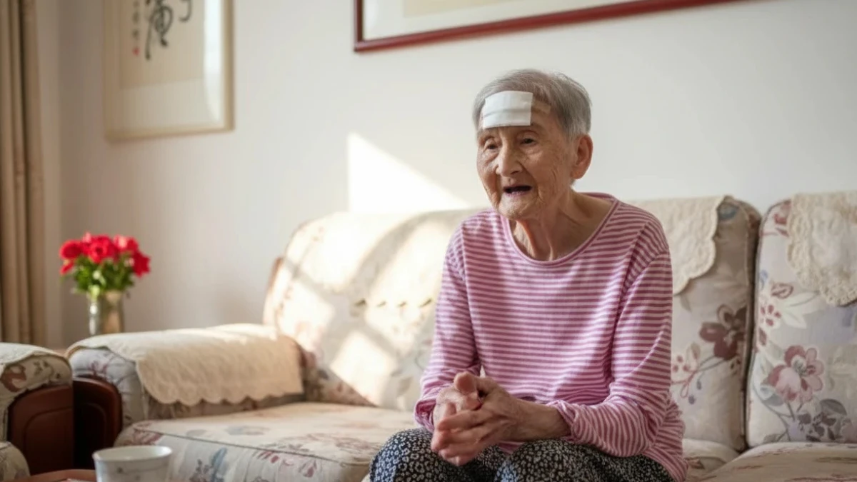 Grandma Cuts Finger-Sized Horn on Forehead with Scissors 2 Granny Gu from China after treatment as she cuts off her horn with scissors